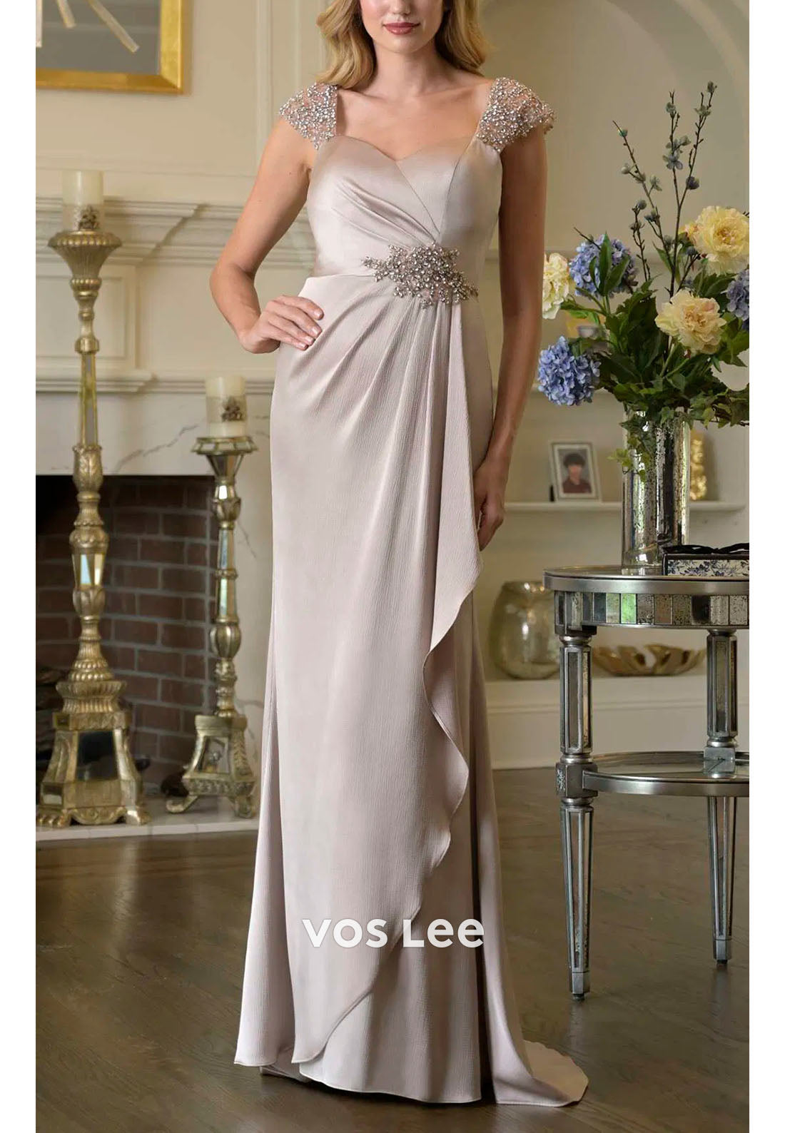 Taupe Formal Dress | Ruched Floor-Length Gown with Beaded Waist for Wedding Guests