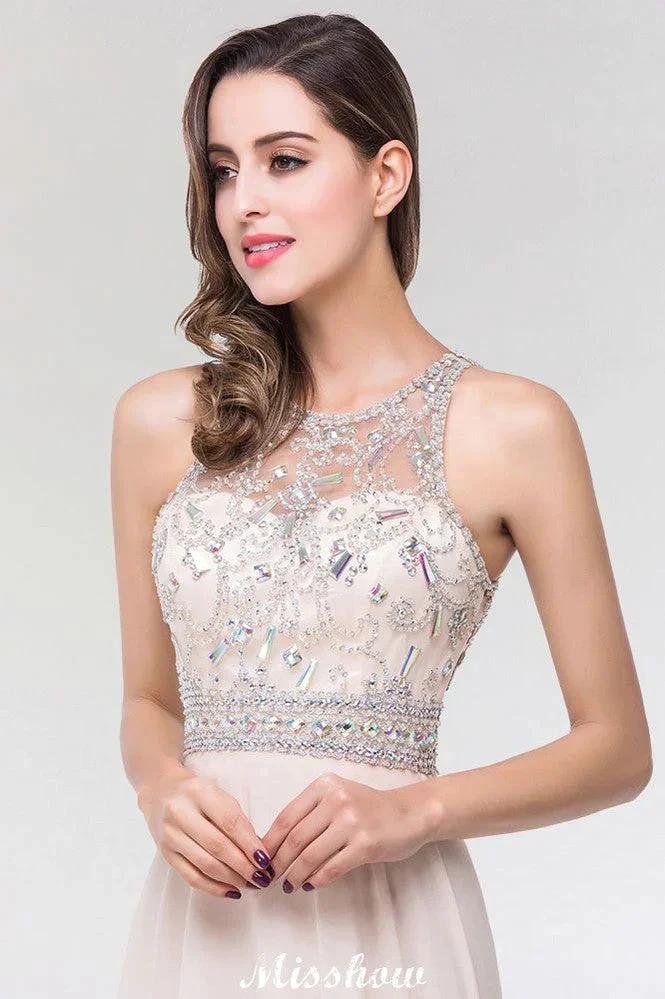 Stylish A-Line Chiffon Tulle Scoop Sleeveless Floor-Length Bridesmaid Dress with Beadings (ZD12917)