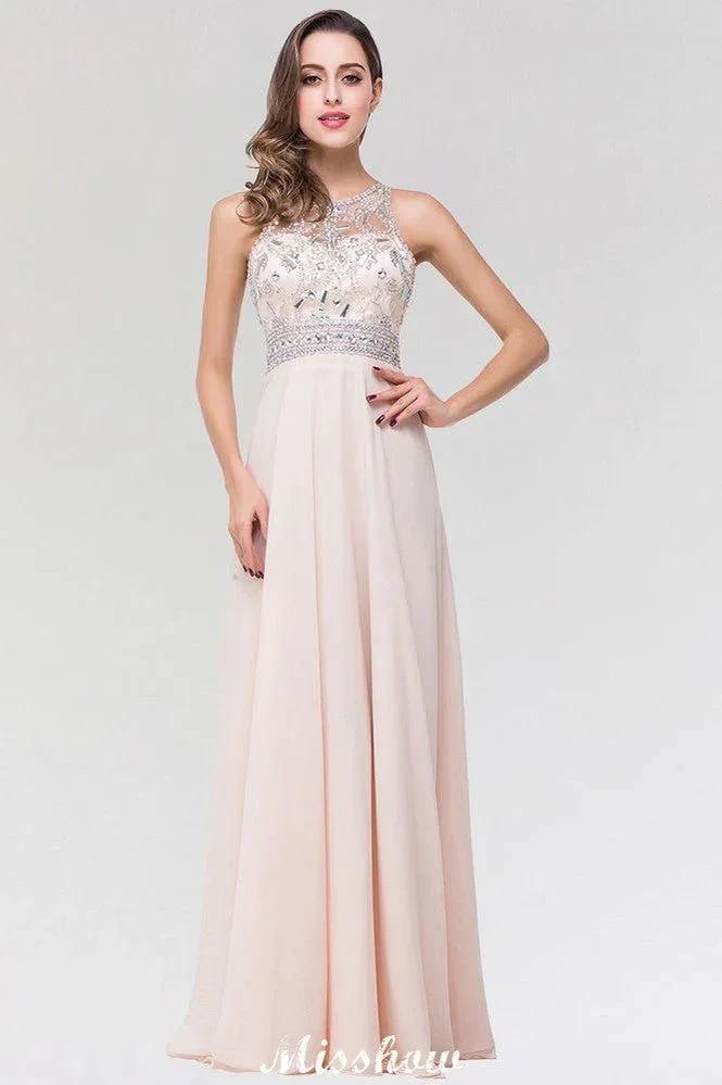 Stylish A-Line Chiffon Tulle Scoop Sleeveless Floor-Length Bridesmaid Dress with Beadings (ZD12917) - VelvetHem