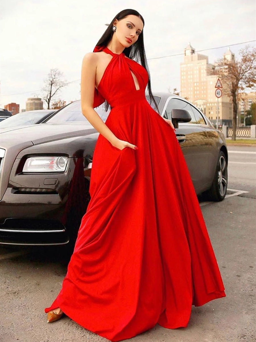 Stylish A-line Halter Red Long Prom Formal Dresses with Pockets - VelvetHem
