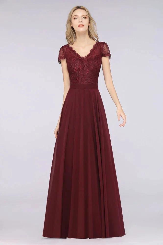 Stylish A-Line V-Neck Cap-Sleeves Floor-Length Bridesmaid Dress (ZD13089)