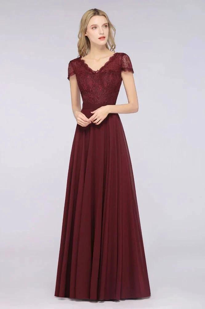 Stylish A-Line V-Neck Cap-Sleeves Floor-Length Bridesmaid Dress (ZD13089)
