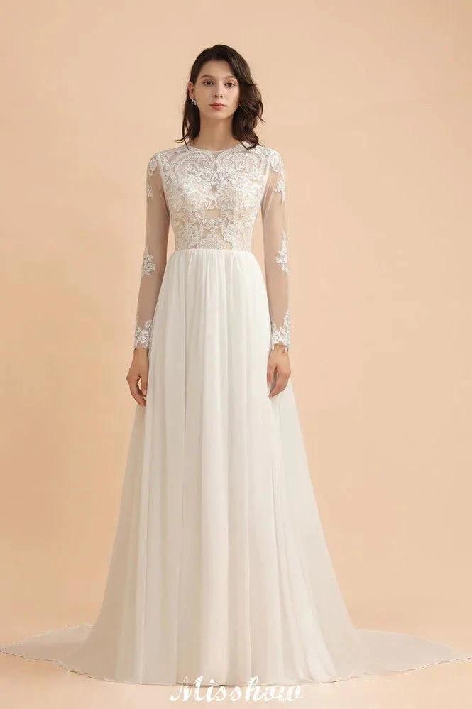 Stylish Crew Neck Lace Appliques Wedding Dress Long Sleeve Chiffon Simple Bridal Gown (ZD13988)