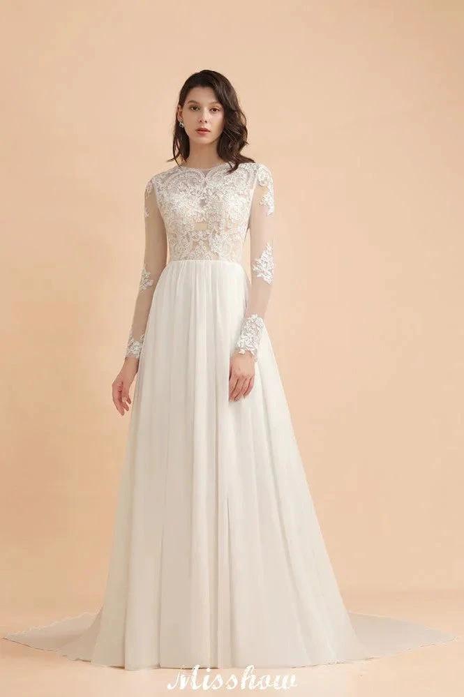 Stylish Crew Neck Lace Appliques Wedding Dress Long Sleeve Chiffon Simple Bridal Gown (ZD13988)
