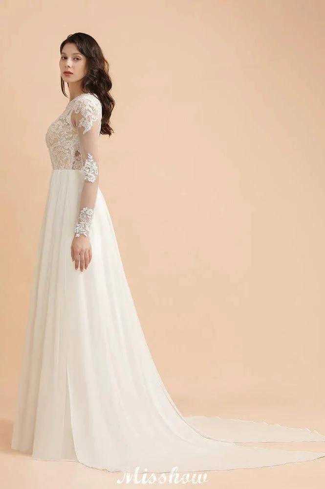 Stylish Crew Neck Lace Appliques Wedding Dress Long Sleeve Chiffon Simple Bridal Gown (ZD13988)