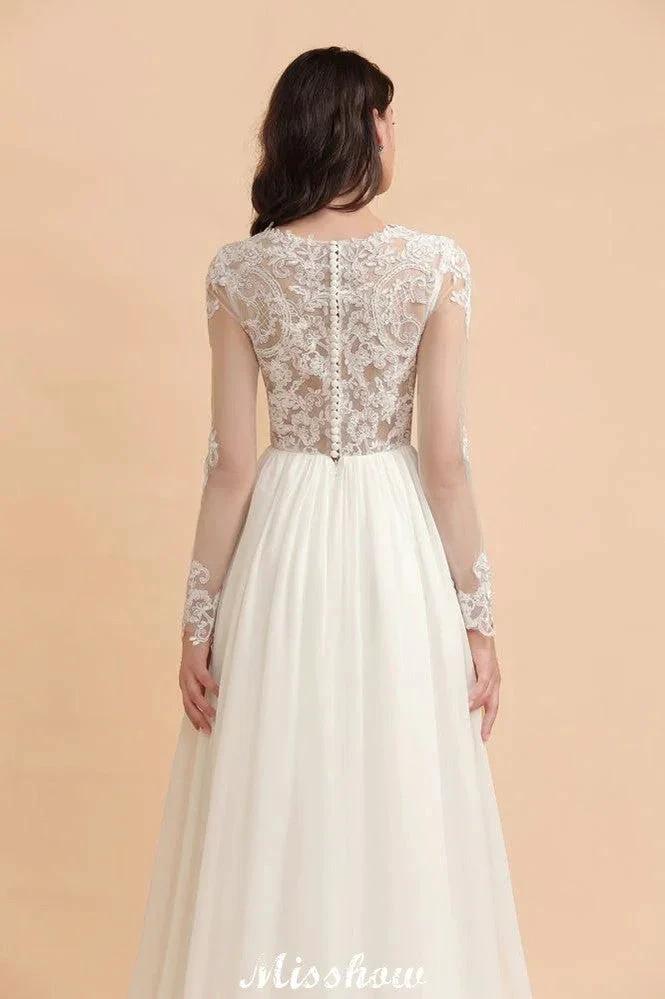 Stylish Crew Neck Lace Appliques Wedding Dress Long Sleeve Chiffon Simple Bridal Gown (ZD13988)