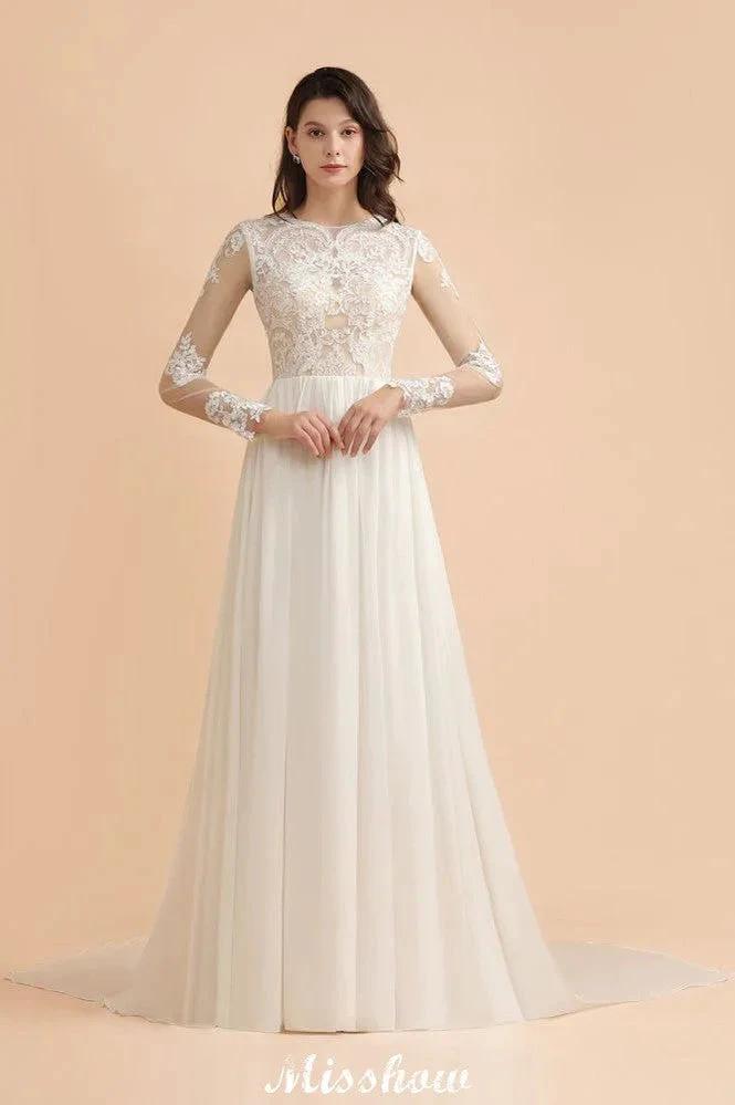 Stylish Crew Neck Lace Appliques Wedding Dress Long Sleeve Chiffon Simple Bridal Gown by misshow.com