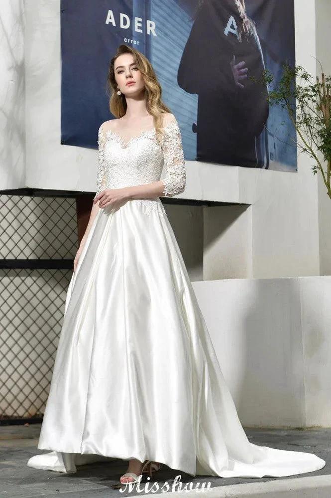 Stylish Lace Appliques Half Sleeves Aline Wedding Dress Floor Length Satin Dress for Bride (ZD13960)