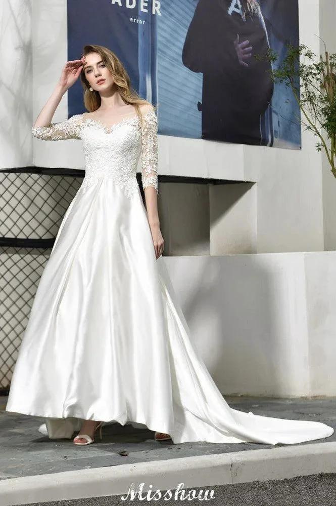 Stylish Lace Appliques Half Sleeves Aline Wedding Dress Floor Length Satin Dress for Bride (ZD13960) - VelvetHem