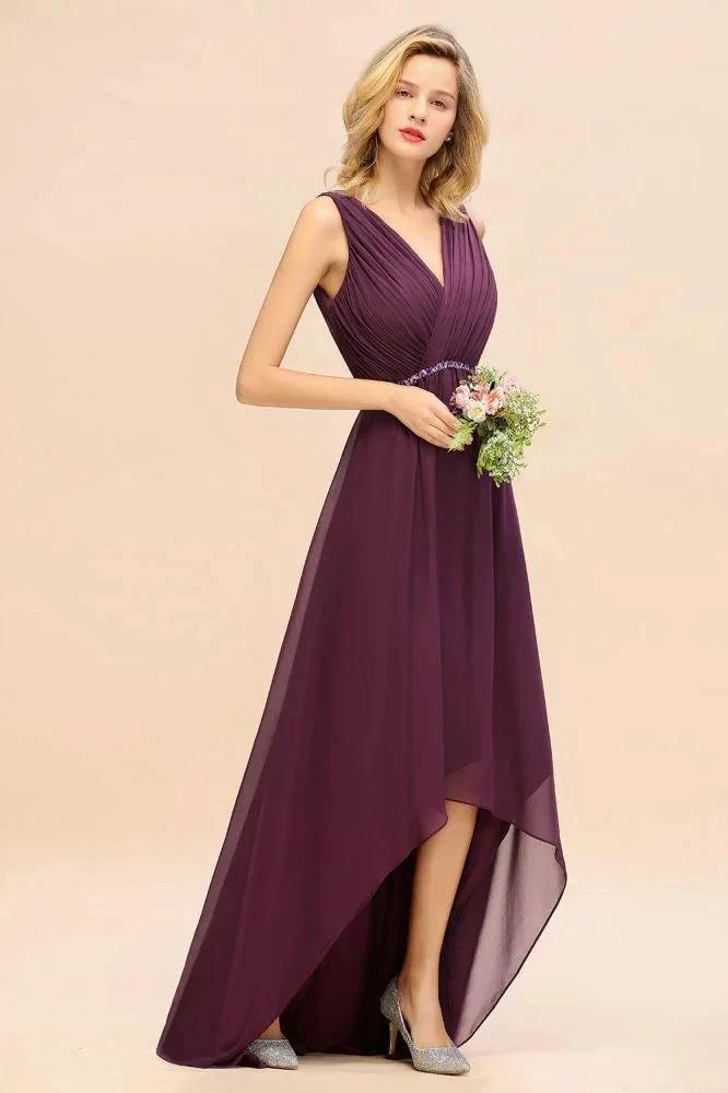 Stylish V-Neck Hi-Lo Party Dress A-line Beads Chiffon Bridesmaid Dress (ZD12976)