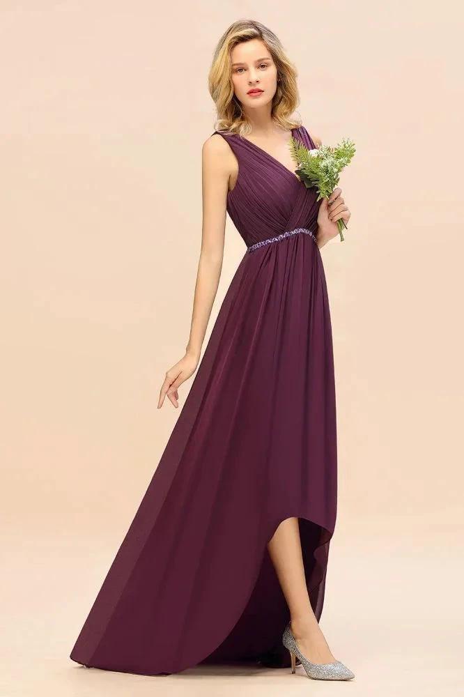 Stylish V-Neck Hi-Lo Party Dress A-line Beads Chiffon Bridesmaid Dress (ZD12976)