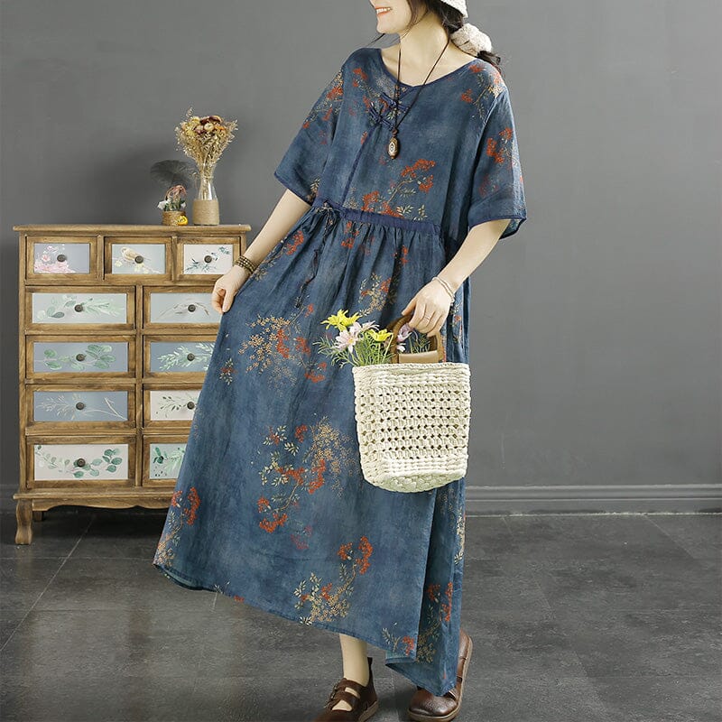 Casual Retro Floral Loose Linen Dress