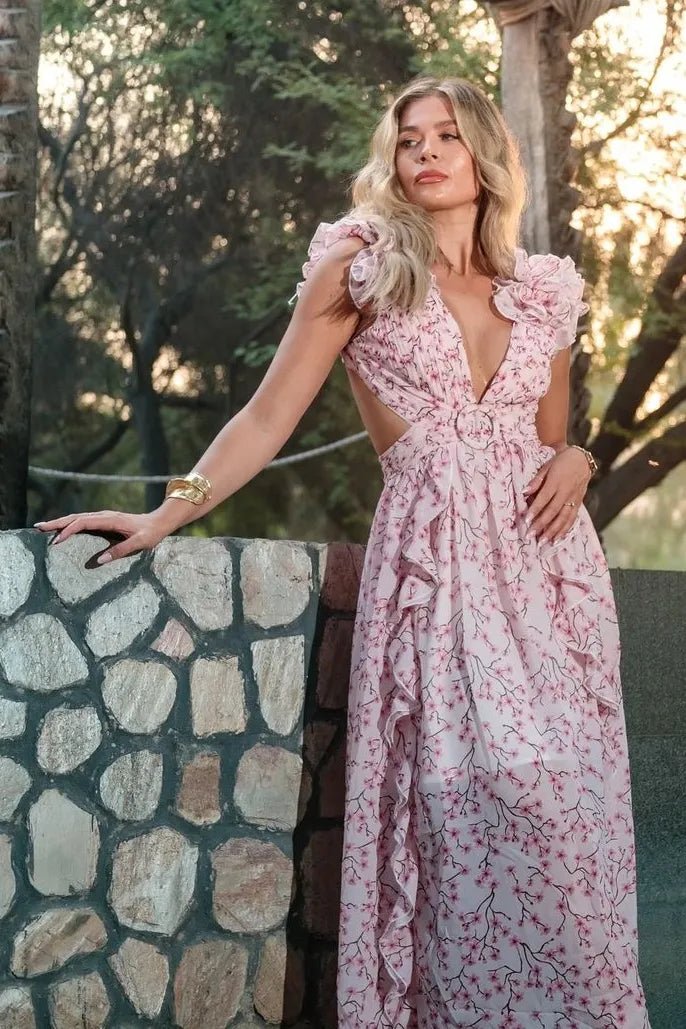 Xenia Minimalist Maxi Dress with Floral Pattern and Cut Outs Statement Occasion Edit