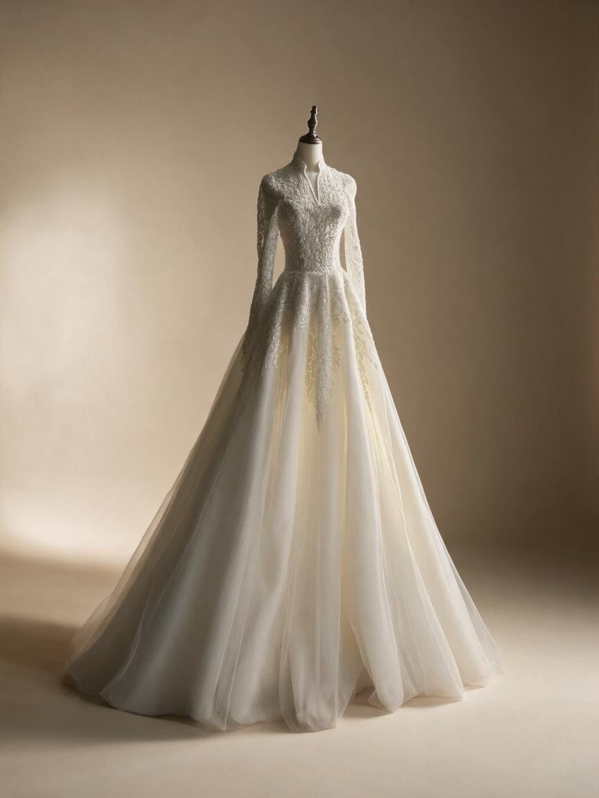 Luxury Sequin Pearl Long Sleeve Ball Gown Wedding Dress