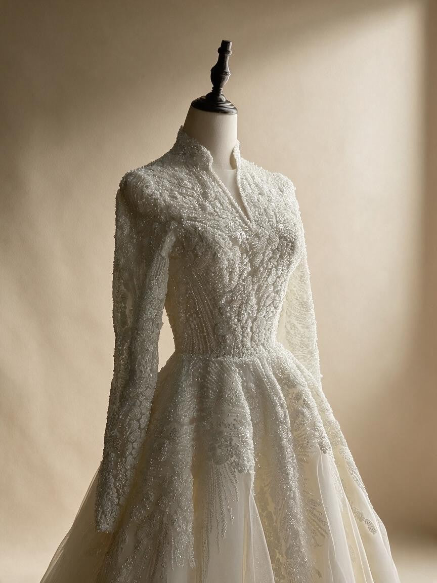 Luxury Sequin Pearl Long Sleeve Ball Gown Wedding Dress