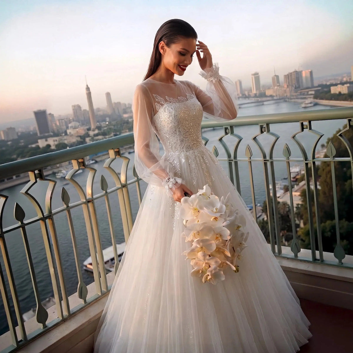 Elegant White Long Sheer Sleeve A-Line Tulle Wedding Dress with Lace Appliqués ZP057