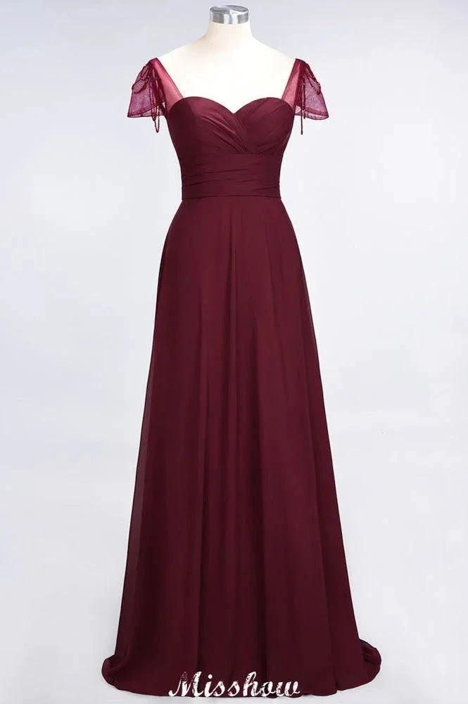Sweetheart Cap-Sleeves Ruffle Floor-Length Bridesmaid Dress with Beadings Moher if the Bride Dresses (ZD12896)