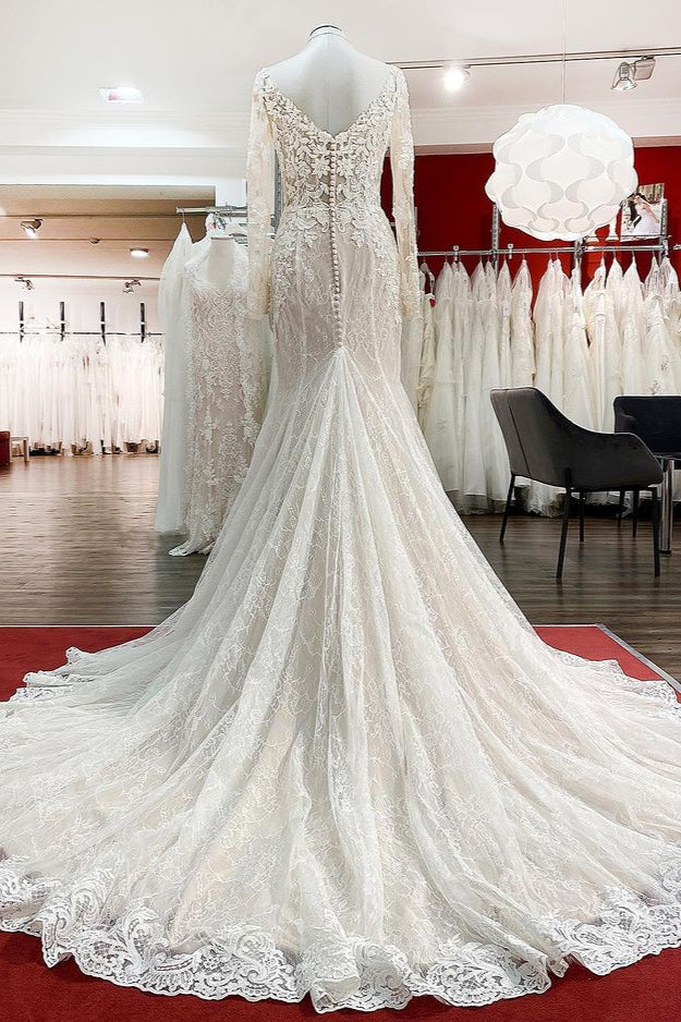 Sweetheart Long Sleeves Tulle Ivory Mermaid Wedding Dresses (ZD17499)