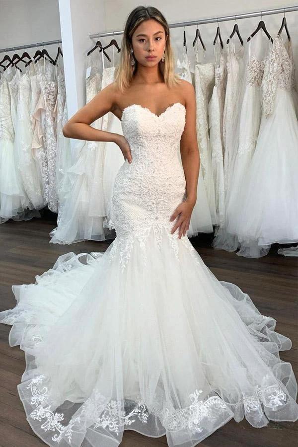 Sweetheart Neckline Sexy Lace Mermaid Wedding Dresses With Ruffles (ZD15304)