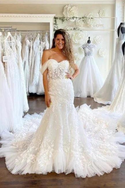 Sweetheart Off-the-Shoulder Mermaid Bridal Gown Tulle Lace Appliques Wedding Dress (ZD14504) - VelvetHem