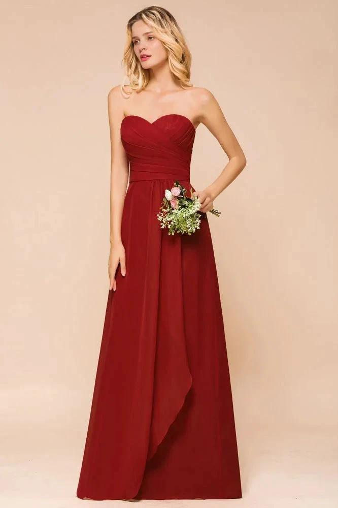 Sweetheart Red Bridesmaid Dress Chiffon Floor-Length Wedding Guest Dress backless (ZD12969) - VelvetHem