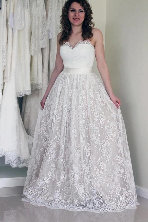 Sweetheart Sleeveless Long White Wedding Dress with Lace (ZD15422) - VelvetHem