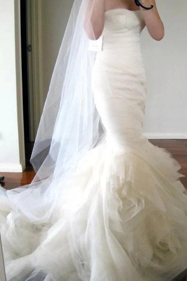 Sweetheart Sweep Train Tiered Mermaid  Ivory Wedding Dress Ruched (ZD16040)