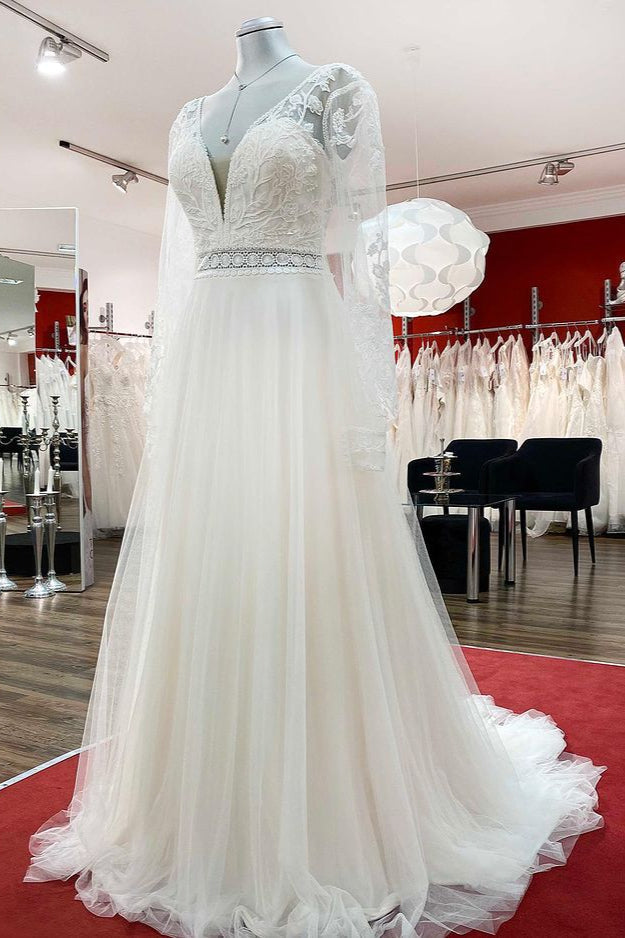 Sweetheart Tulle Beadings Lace Appliques Wedding Dresses With Long Sleeves (ZD17543)