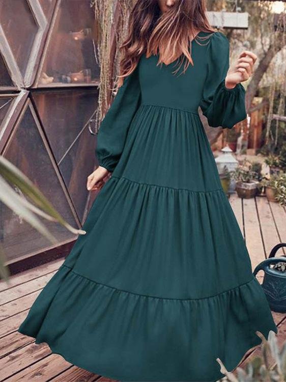 Temperament V Neck Long Sleeve Flowy Dress