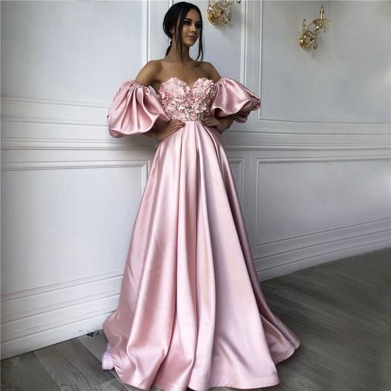 Pink Puff Short Sleeve Sexy Prom Dresses, Off Shoulder Handmade Flowers Beading long Formal dress - VelvetHem