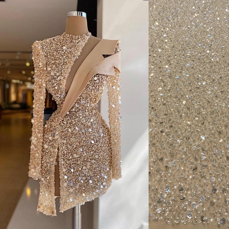Heavy Beaded Champagne Short Prom Dresses Long Sleeve Women Dubai Evening Cocktail Party Gowns Homecoming Dress - VelvetHem
