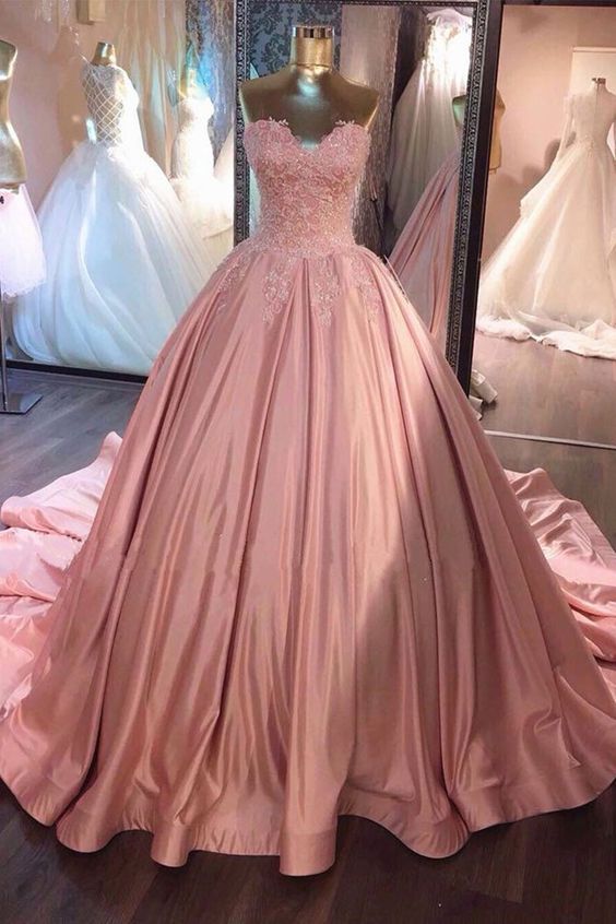 Sweetheart Neck Pink Lace Prom Dresses, Pink Lace Long Formal Evening Dresses - VelvetHem
