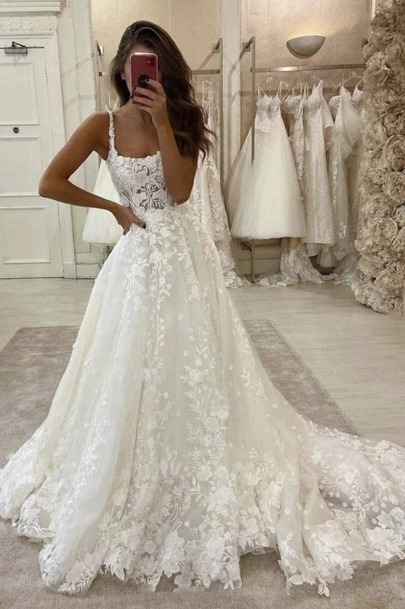 White lace long A line prom dress white formal dress - VelvetHem