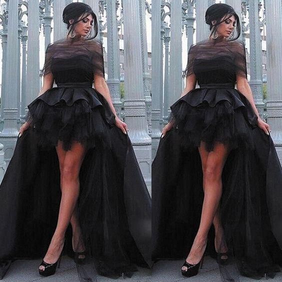 high low prom dresses ball gown black 2021 vintage elegant cheap prom gown - VelvetHem