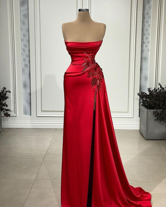 Red Satin Prom Dresses evening gowns - VelvetHem