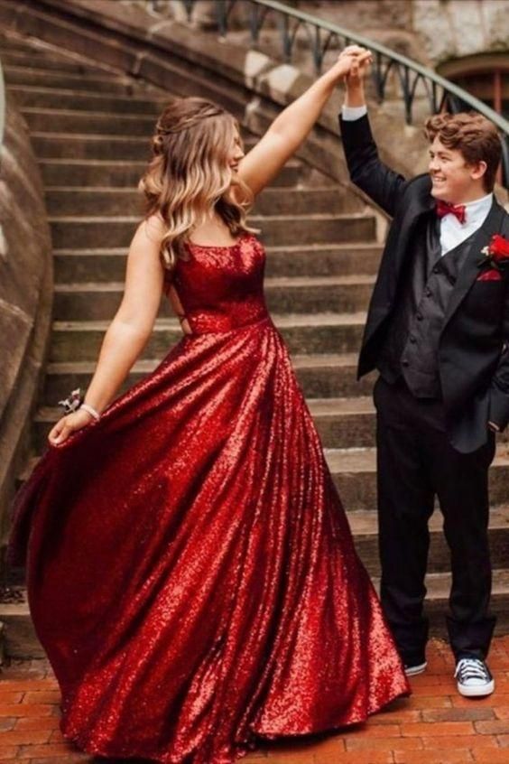princess wine red sequins A-line long prom dress with lace up back - VelvetHem