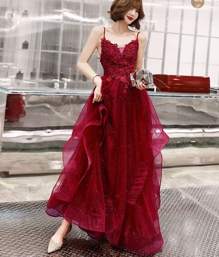 burgundy lace long A line prom dress, lace evening dress - VelvetHem