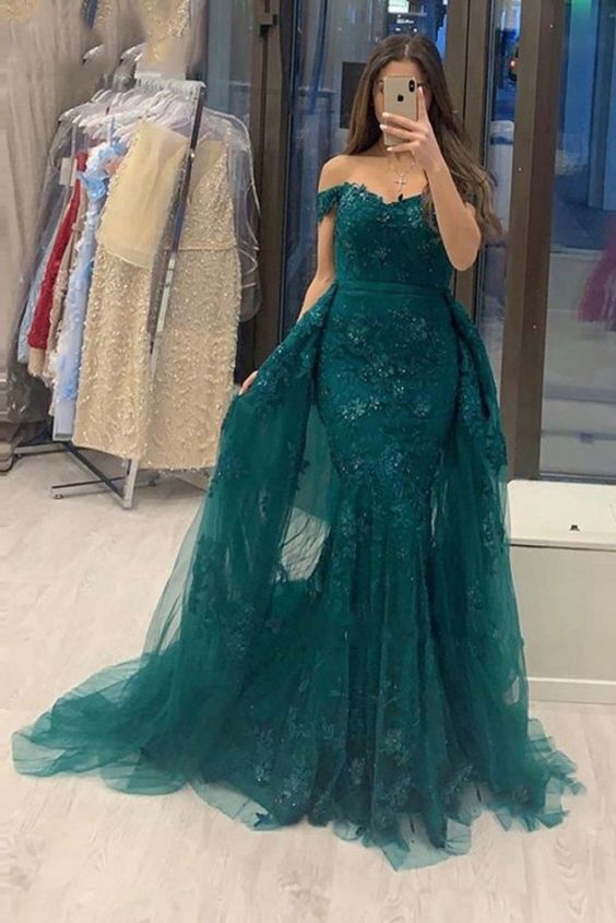 Off The Shoulder Sweetheart Jade Tulle Lace Mermaid Evening Dresses With Detachable Train - VelvetHem