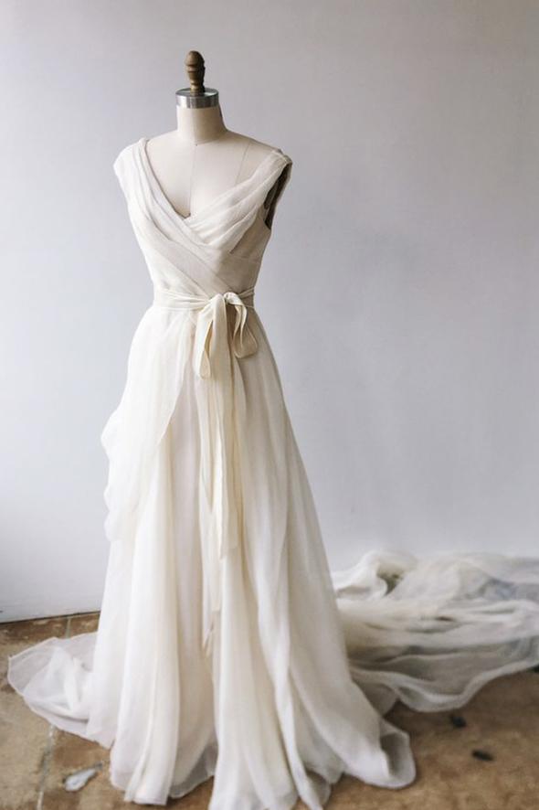 Champagne chiffon long A line prom dress evening dress - VelvetHem