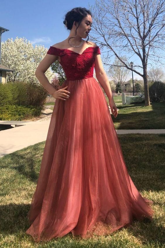 elegant off the shoulder red long prom dress formal dress - VelvetHem