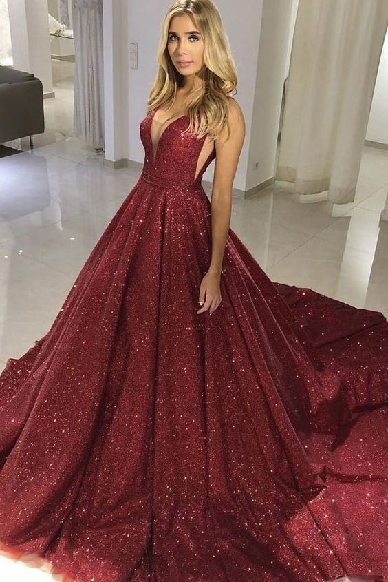 Charming Prom Dresses A Line V Neck Burgundy Bling Bling Long - VelvetHem