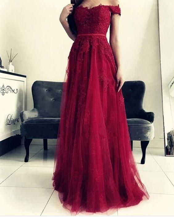 New Burgundy Lace and Tulle Long Graduation Prom Dress for Girls - VelvetHem