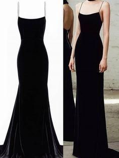 Spaghetti Straps Black Mermaid Long Prom Dresses, Black Mermaid Long Formal Evening Dresses - VelvetHem