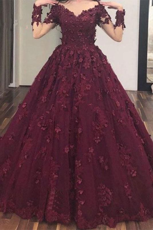 Burgundy v neck tulle lace long prom dress, burgundy lace evening dress - VelvetHem