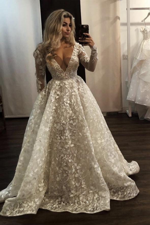 Stylish v neck lace long prom dress evening dress - VelvetHem