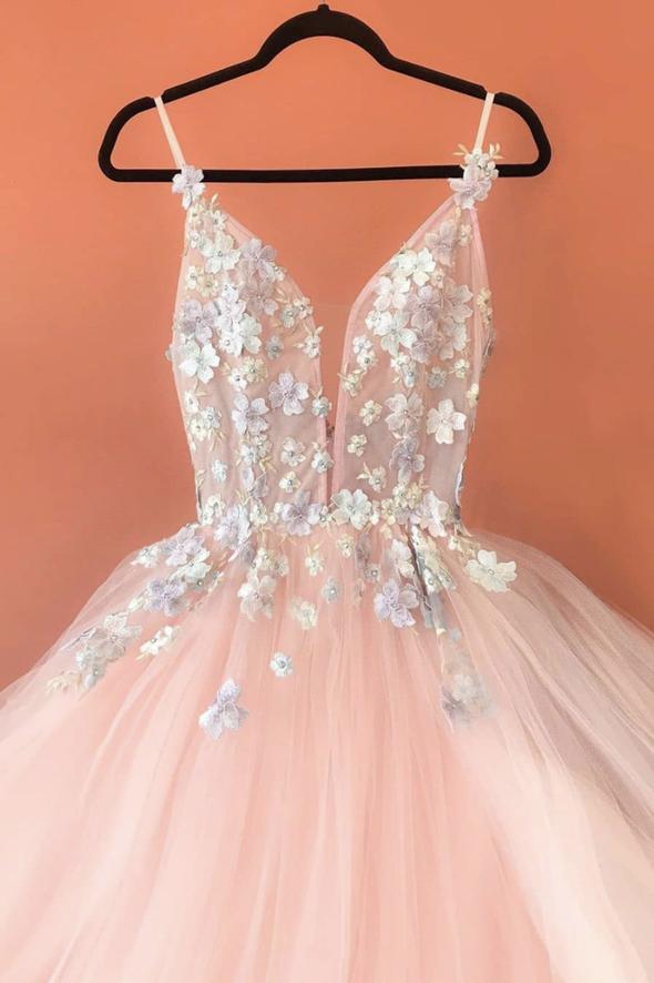 Pink v neck appliqué long prom dress evening dress