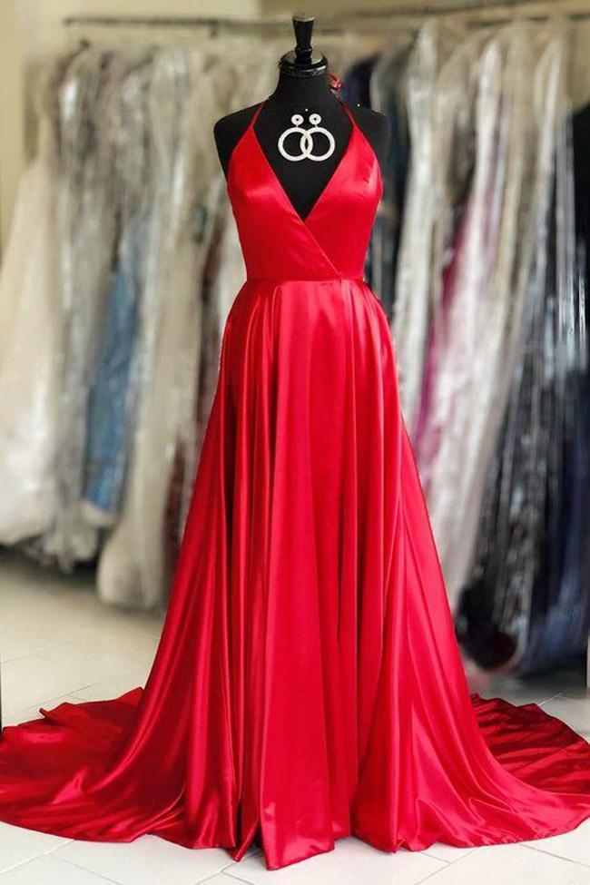 Simple Spaghetti Straps V Neck Red Satin Prom Dresses Formal Evening Dress Party Gown - VelvetHem
