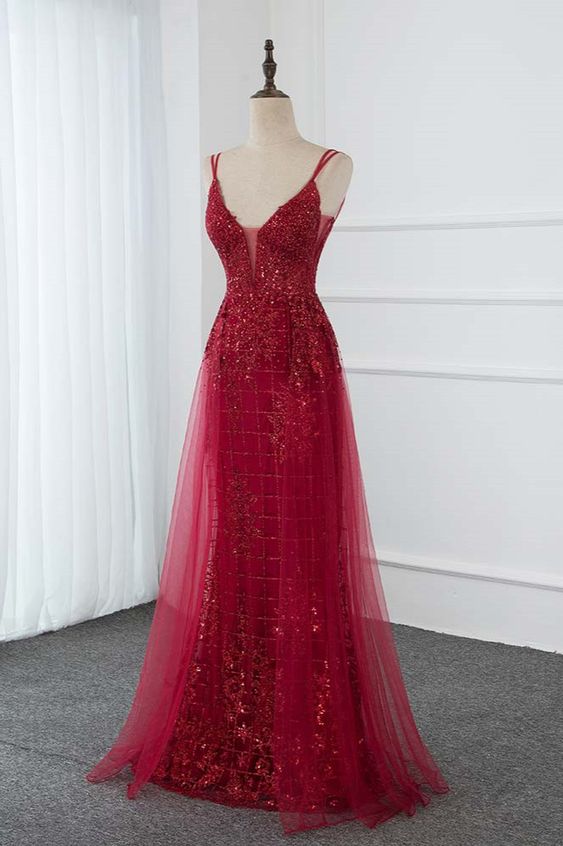 Gorgeous Spaghetti Straps Burgundy Prom Dresses with Beading Appliques - VelvetHem
