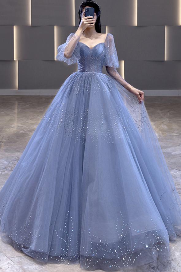 Blue tulle long ball gown dress A line formal dress - VelvetHem