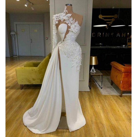 Exquisite Lace White Prom Dresses High Neck One Shoulder Long Sleeve Formal Evening Gowns - VelvetHem